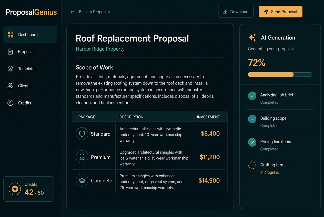 ProposalGenius dashboard generating a construction proposal with pricing table