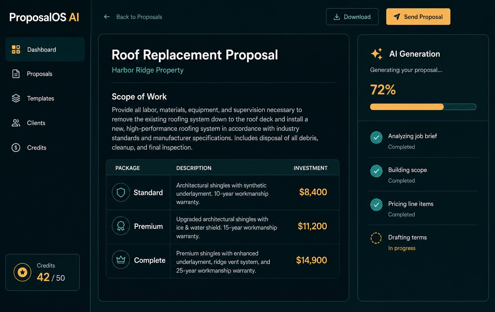 ProposalOS AI dashboard generating a construction proposal with pricing table